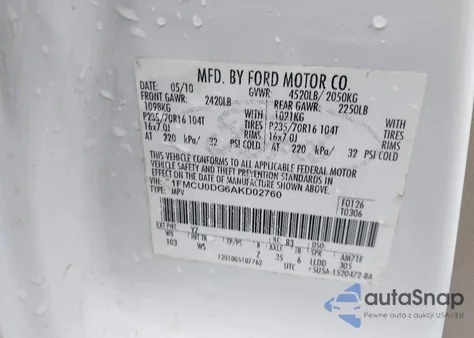 2010 Ford Escape Xlt from USA, damaged, VIN 1FMCU0DG6AKD02760